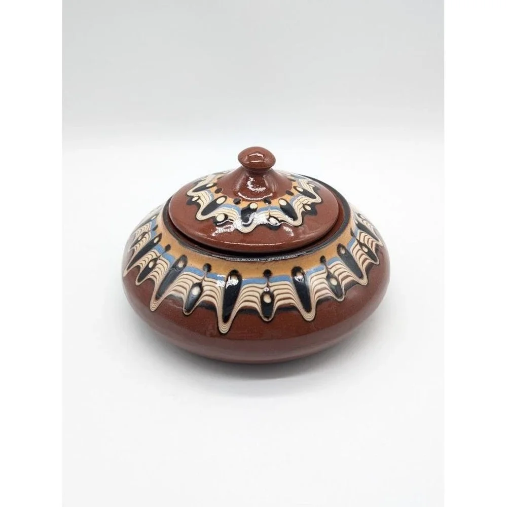 Vintage Bulgarian Troyan Pottery Lid‎ Candy Dish 90s Redware Folk Art Drip Glaze